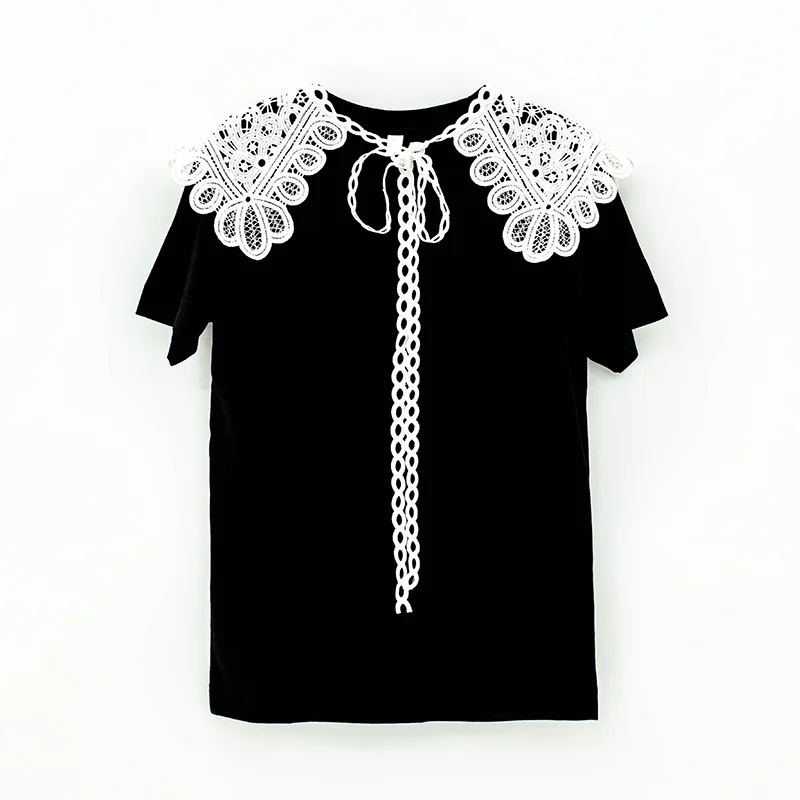 

GVUW Women Black Lace T-shirt Round Neck Short Sleeve Female Fashion All Match Tide Spring Summer 2021 New Arrivals 20D1579