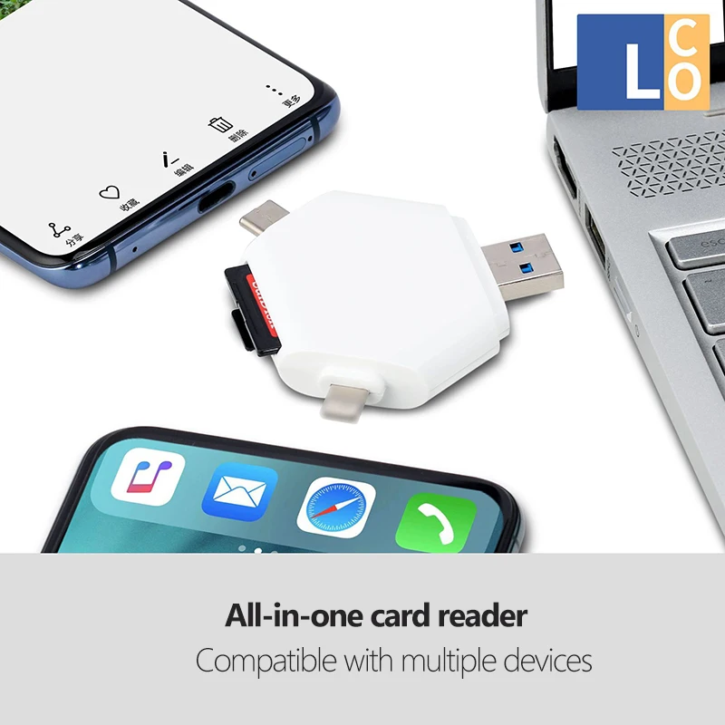

5-в-1 SD-кардридер USB Android micro USBC адаптер 8pin для iPhone ноутбук Type-C OTG TF карта треугольный разветвитель конвертер