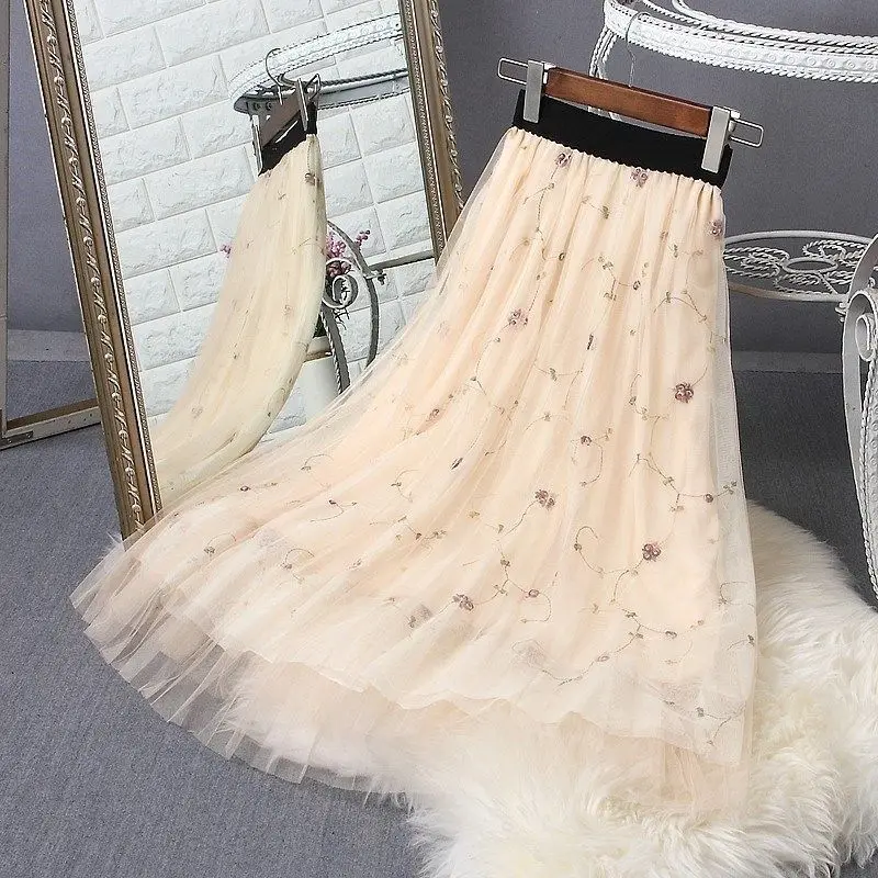 

Pleated Tulle Skirt Long High-Waisted Embroidered A-line Bubble Skirt Expansion Woman Skirts Mujer Faldas Saias Mulher