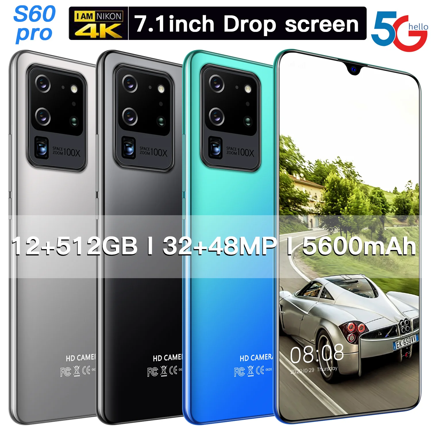 

New Arrival Android 10.0 Global Version S60 Pro 7.1 Inch 4G 5G Smartphone 12GB+512GB 5600mAh 10 Core Unlocked Cell Phones