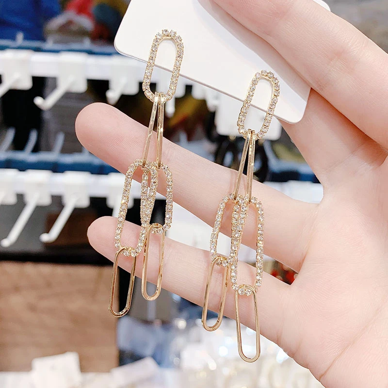 

Korean Zircon Long Tassel Earrings for Women 2021 Fashion Jewelry Gold Geometric Drop Dangle New Wedding Female Gift Earrings