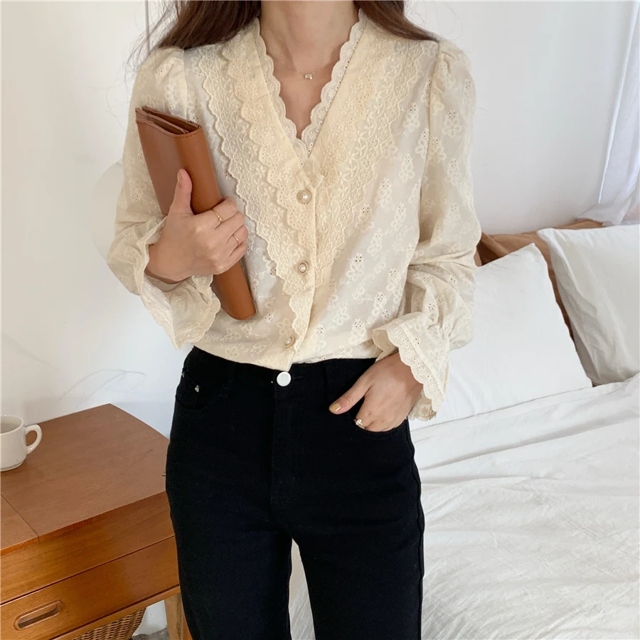 

HziriP Apricot Elegance Patchwork Lace Hot Casual 2021 OL V-Neck Flare Sleeves Vintage Gentle Streetwear Basewear Retro Shirts