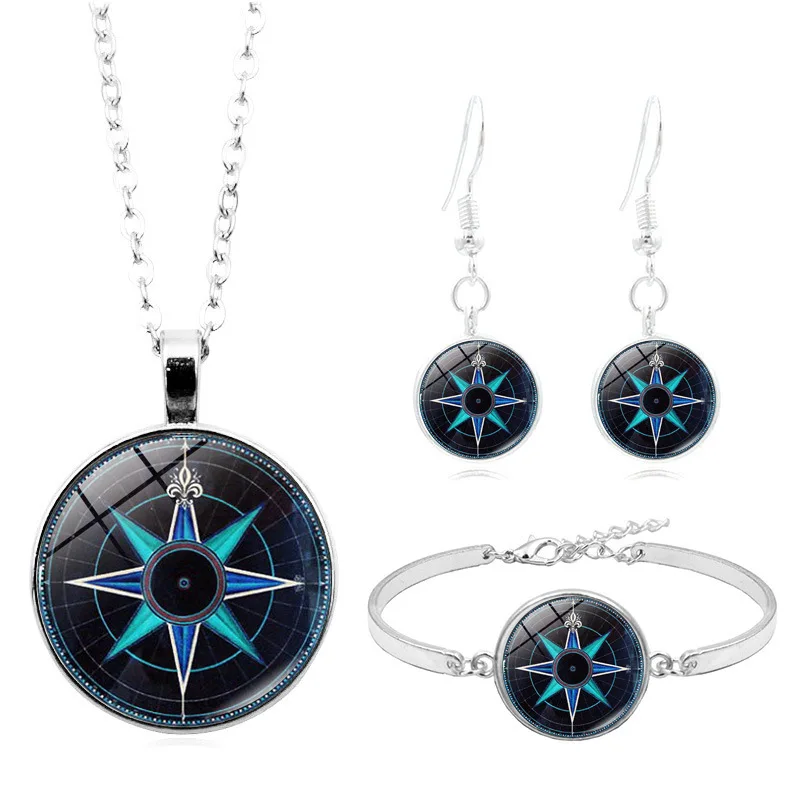 

Retro Compass Cabochon Glass Pendant Necklace Bracelet Bangle Earrings Jewelry Set Totally 4Pcs for Women's Fashion Jewelry