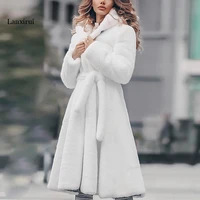 faux fur coat long winter thicken white coat lace up solid color slim long plush faux fur hooded warm jacket new fashion