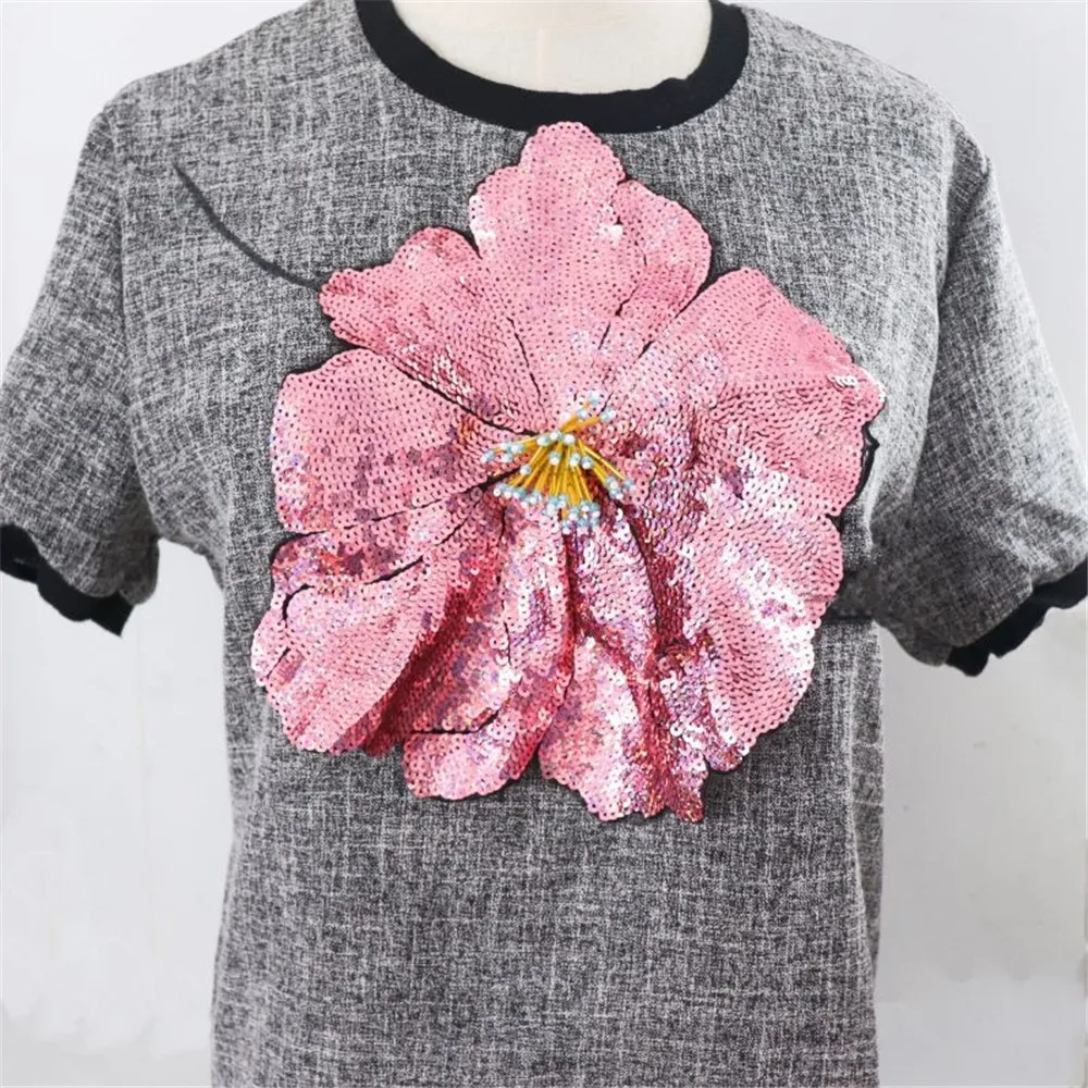 AHYONNIEX 1-teilige große Pailletten-Blumen-Aufnäher, modische bestickte Applikation für Kleidung, Aufnäher zum Aufnähen für Kleidung – Detail 3