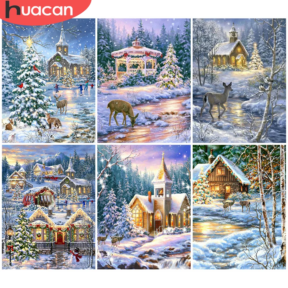 

HUACAN 5D алмазная картина олень полная дрель квадратная Алмазная вышивка церковная Алмазная мозаика Зимняя Вышивка крестиком Рождественский ...