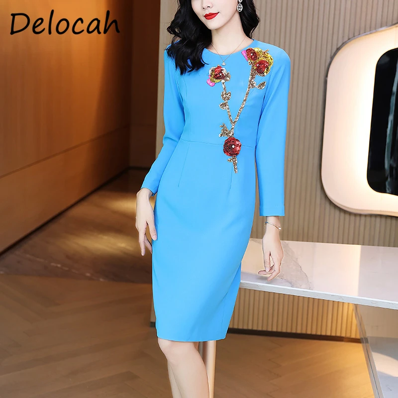 

Delocah New 2021 Autumn Women Fashion Designer Pencil Dress Long Sleeve Gorgeous Sequined Appliques Elegant Blue Midi Dresses
