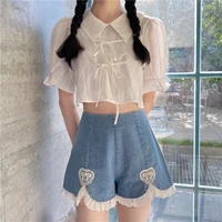 cute lolita girls denim shorts japanese sweet high waist lace irregular womens shorts summer kawaii sexy blue shorts japan
