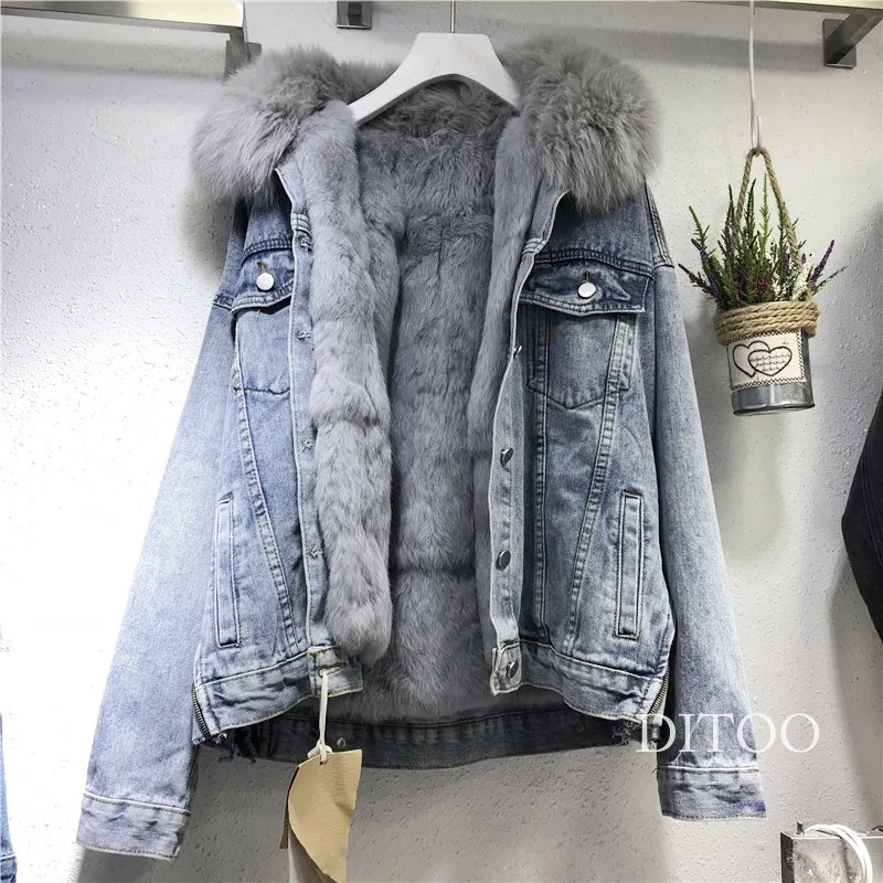 

Women Denim Jacket Oversized Loose Fur Collar Plus Velvet Jean Parkas Women Winter Clothes Vintage Cotton Thick Warm Denim Coat