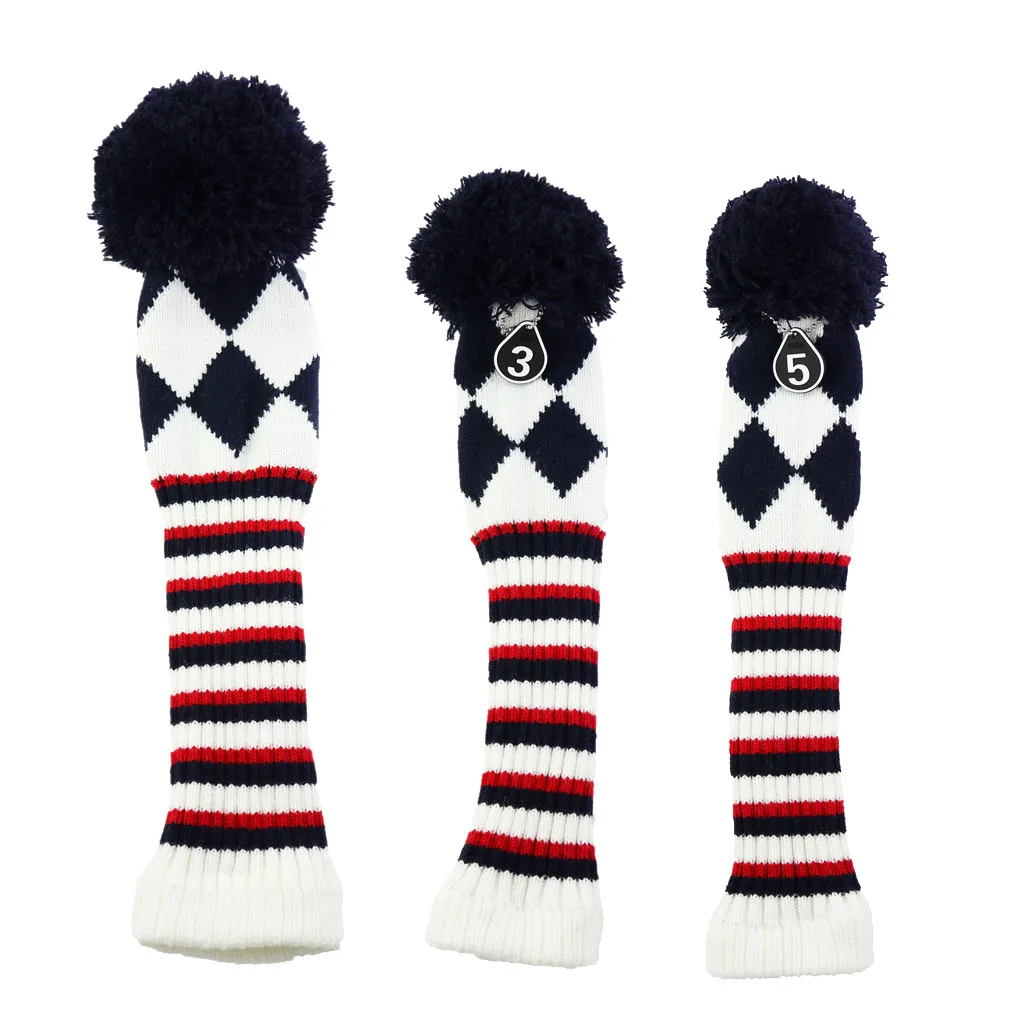 

3pcs Golf Pom Pom Knit Headcover Fairway Woods Driver Hybrid Head Covers No.Tag