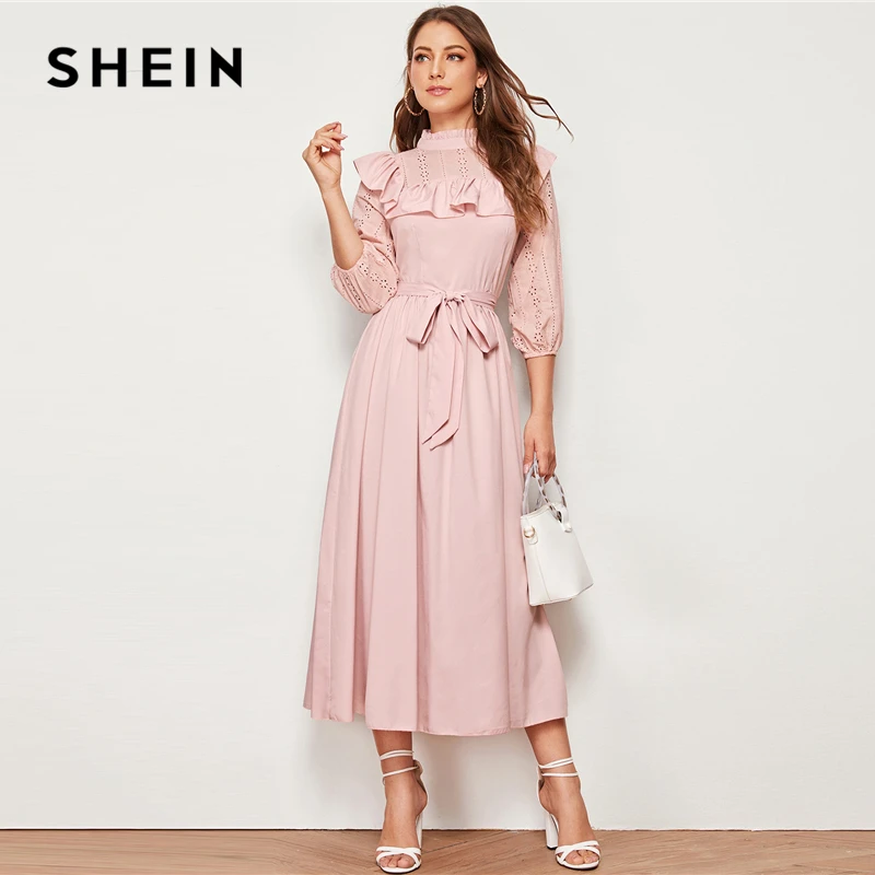 SHEIN женское платье с декоративной оборкой и поясом, весенне-осеннее длинное платье, приталенное и расклешенное ТРАПЕЦИЕВИДНОЕ элегантное платье в стиле ампир