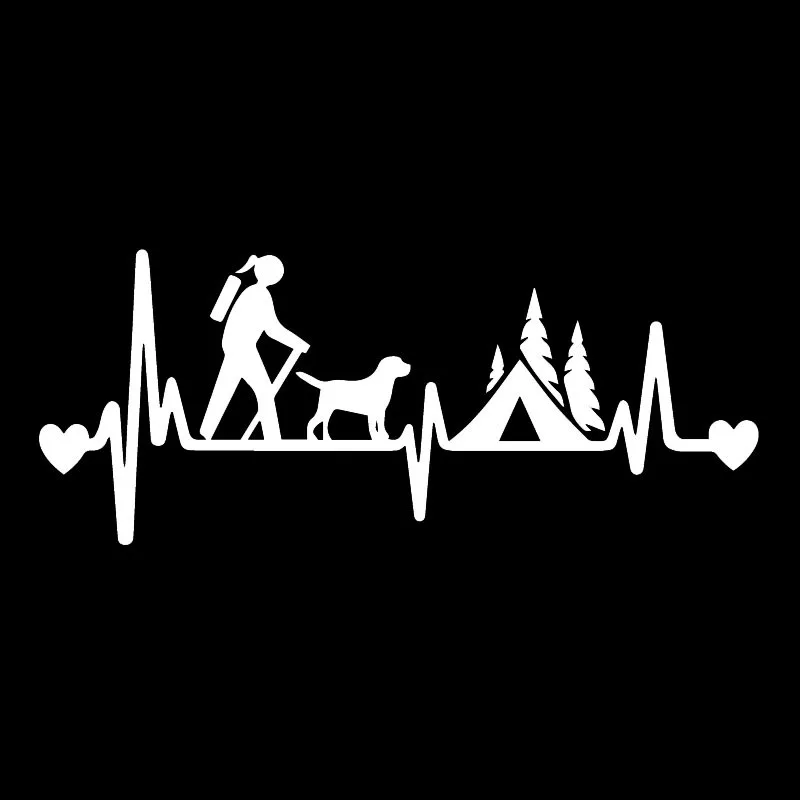 

Girl Hiker Camping With Dog Camper Tent Heartbeat Lifeline Car Sticker Decal Vinyl Black/Silver 18.2X7.5CM