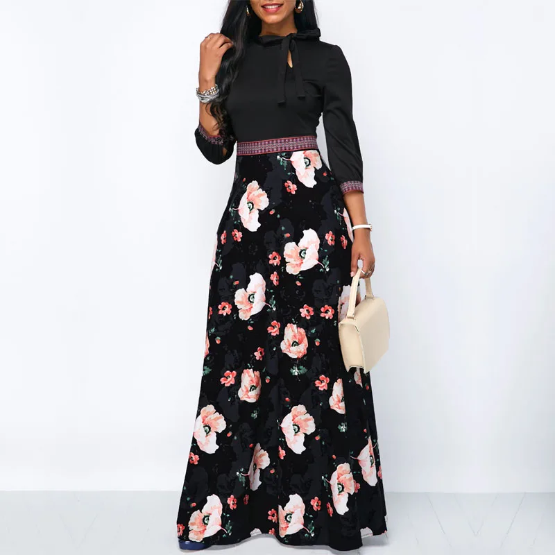

Goocheer Women Long Maxi Dresses Bohemia Hollow neck Three Quarter Sleeve Floral Print Ethnic Beach Female Stylish Style Dress