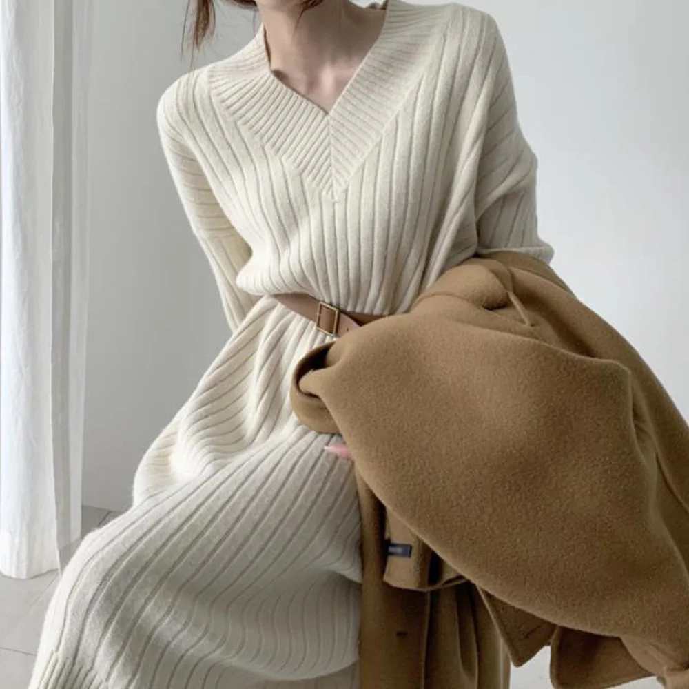 

Autumn Winter Long Sleeve Slim Pullover Sweater Dress Women Knitting V Neck Basic Female Fashion Causal Midi Dresses Vestidos