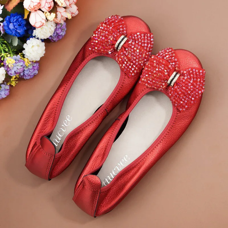 Fashion String Bead Women Shoes Slip On Flats Sweet Bow Autumn Female Cow Leather 2021 New Spring Ballet