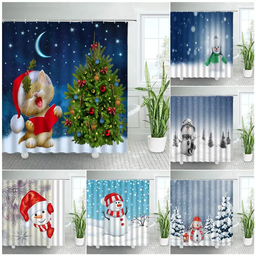 

Симпатичный снеговик, Рождественская декорация для душа, Забавный кошка, рождественская елка, зима, новый год, праздничная ткань, занавески ...