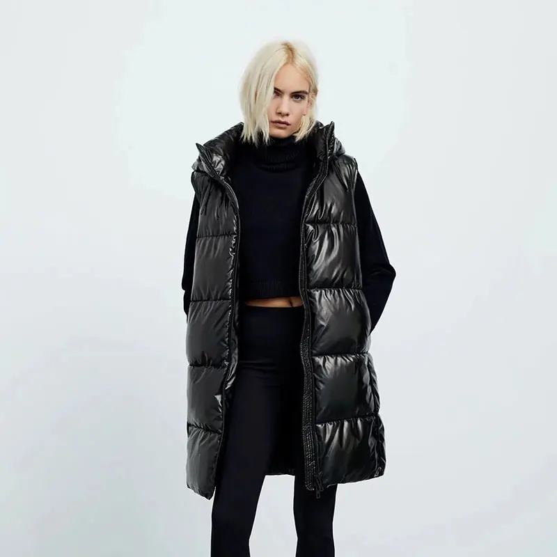 

Nlzgmsj Za Women 2021 Black Hooded Vests Women Zipper PU Leather Coats Women Elegant A Line Long Vests Female Ladies 202110