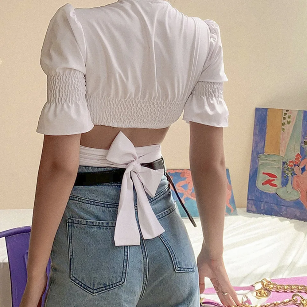 

YICIYA Summer Sweet Wear Elegant Low-cut V-neck Tees Croptop Female High Quality Hollow Out Office Lady Tshirt Fashion Bandage