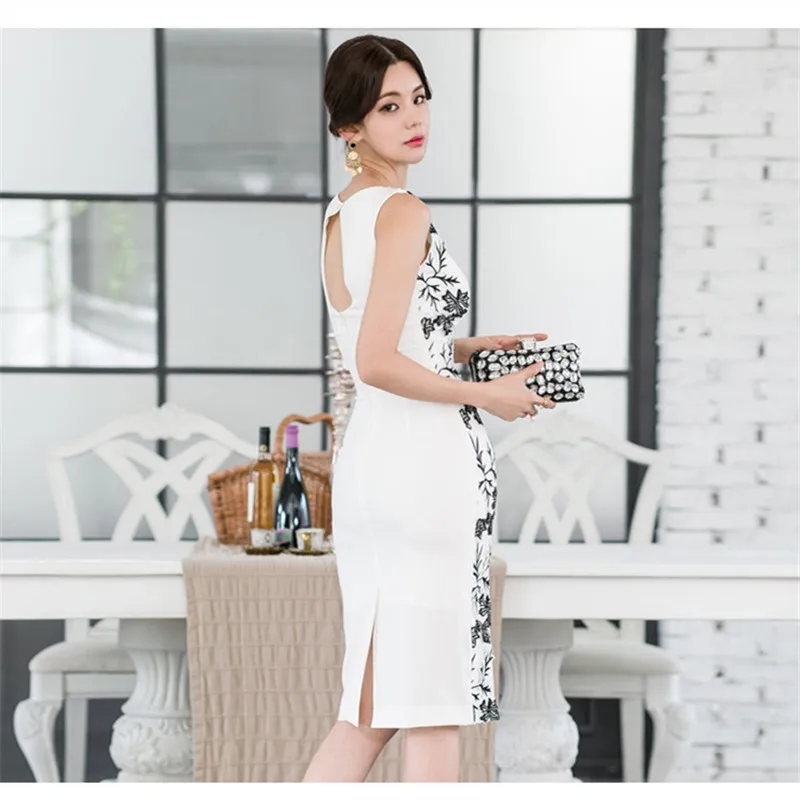 

2021 Summer New Style Korean Temperament Women's Round Neck Sleeveless Lace Stitching Slim Hip Dress