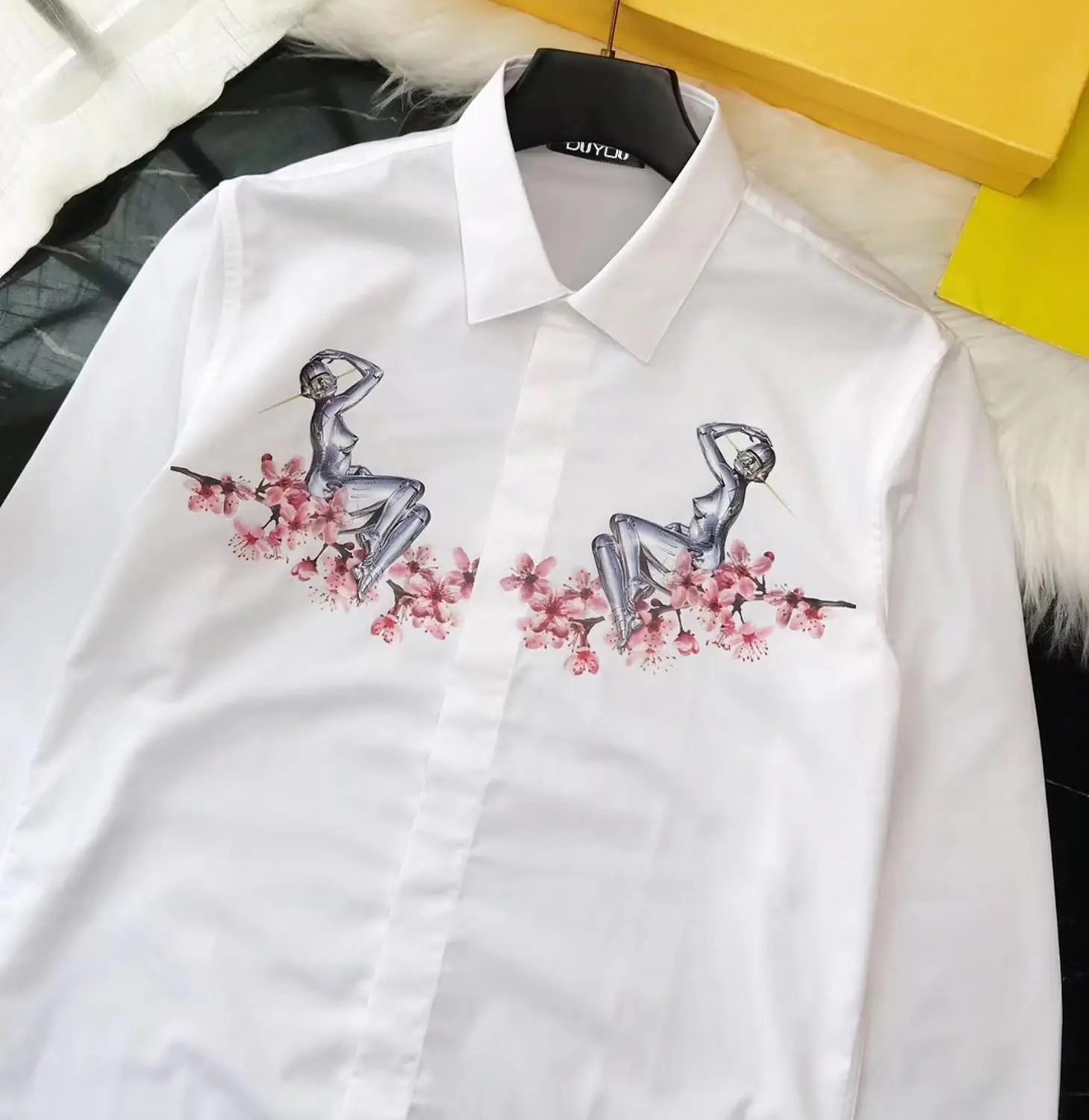 DUYOU Мужская рубашка хлопок мужская нарядная для мужчин сливы принт в виде робота