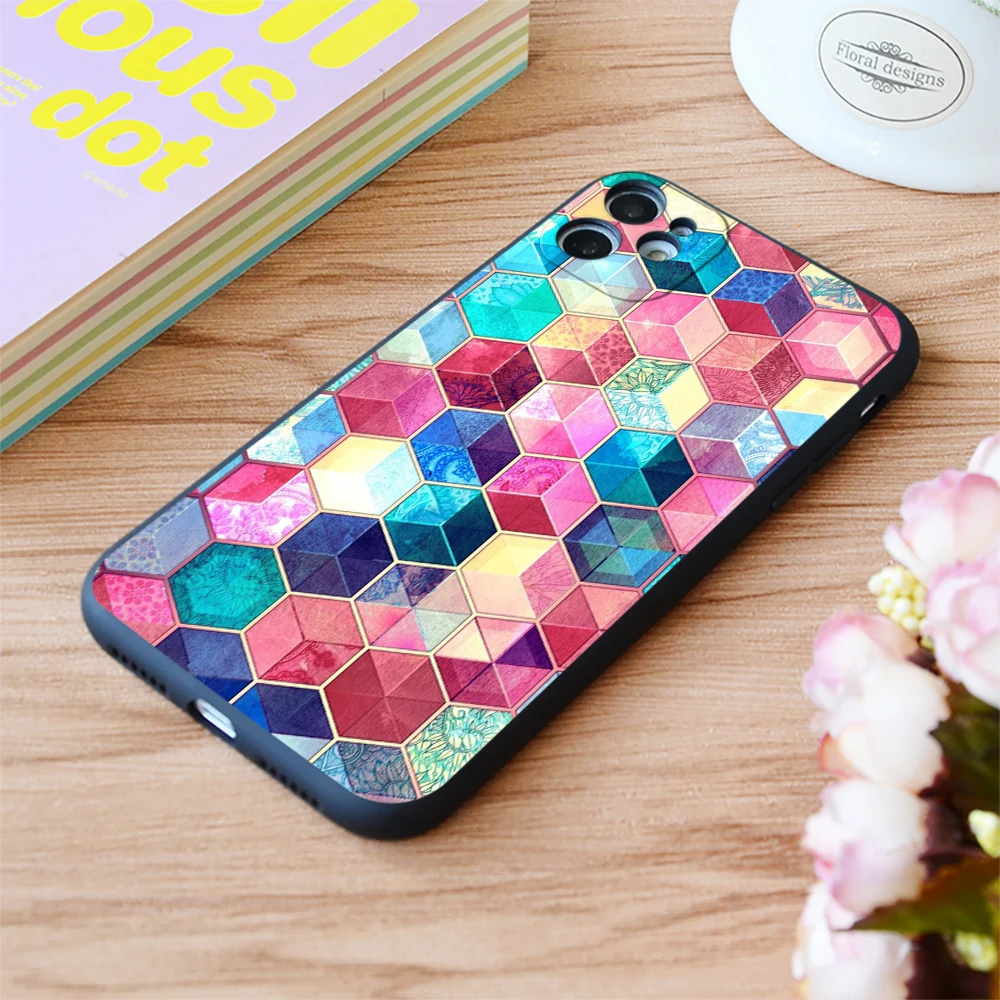 

For iPhone Topaz Ruby Crystal Honeycomb Cubes Print Soft Matt Apple iPhone Case 6 7 8 11 12 Plus Pro X XR XS MAX SE