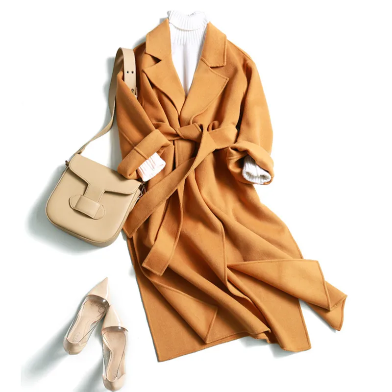 

Snordic Women Winter Yellow Long Wool Coat Jacket Turn-down Collar Split Hem Woolen Overcoat with Waistbelt Elegant Cardigan