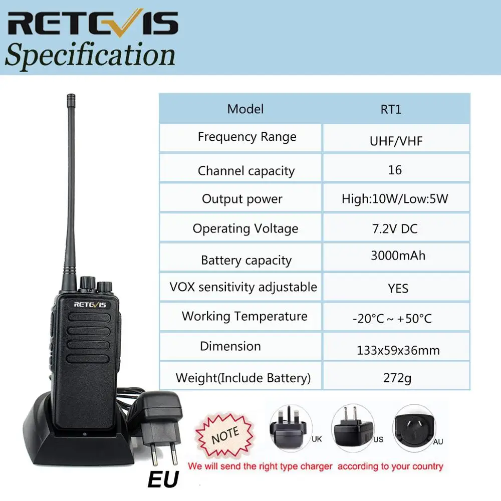 Рация Retevis RT1 VHF (или UHF) высокой мощности 10 шт. 3000 мАч с наушниками| |