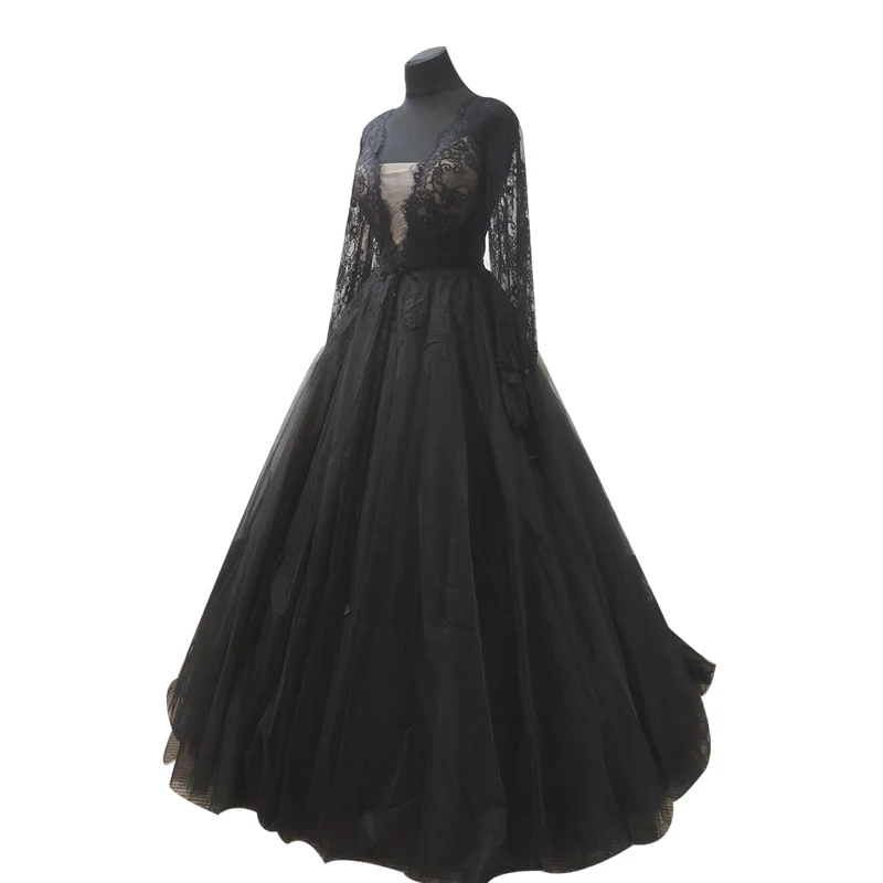 

Romantic Boho-style Deep V-shaped Neckline Evening Dress with Long Sleeves and A Train Skirt Black Lace Women Party Evening Gown