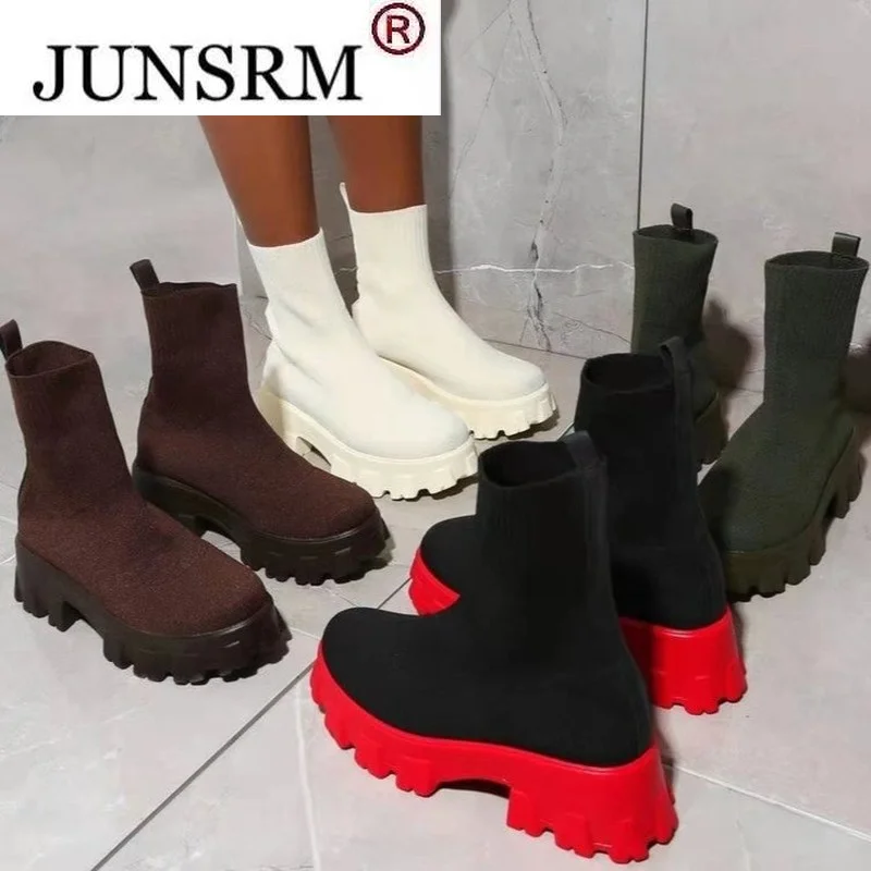 

Autumn New Socks Shoes Woman Stretch Fabric Mid-Calf Casual Platform Boots Net Red Knitted Short Boots Women Plus Size Booties