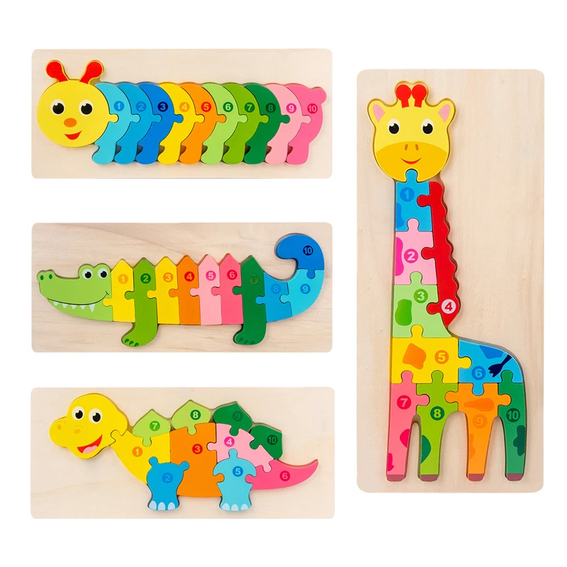 

3D Puzzle Wooden Toys Lovely Dinosaur Giraffe Animal Number Jigsaw Children Kids Montessori Educational Toy Child Funny Gift