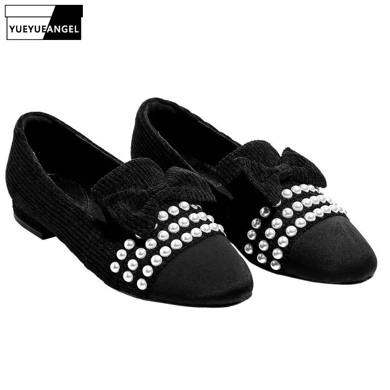 Дизайнерские оригинальные туфли на плоской подошве с жемчугом милые женские в