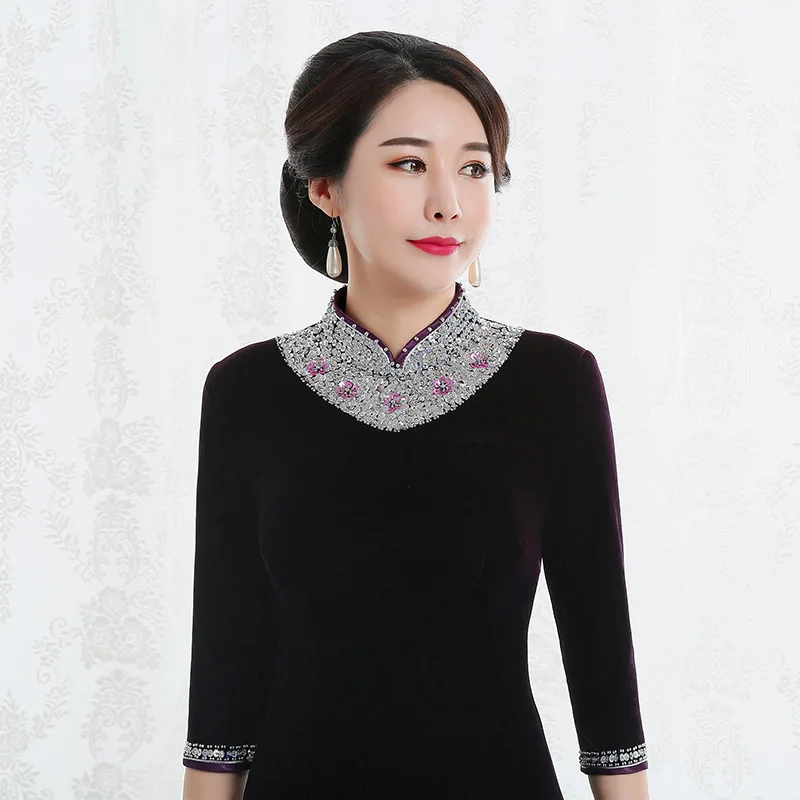 Новый стиль ретро бархат cheongsam с гвоздями бусинами для прогулок шоу платье