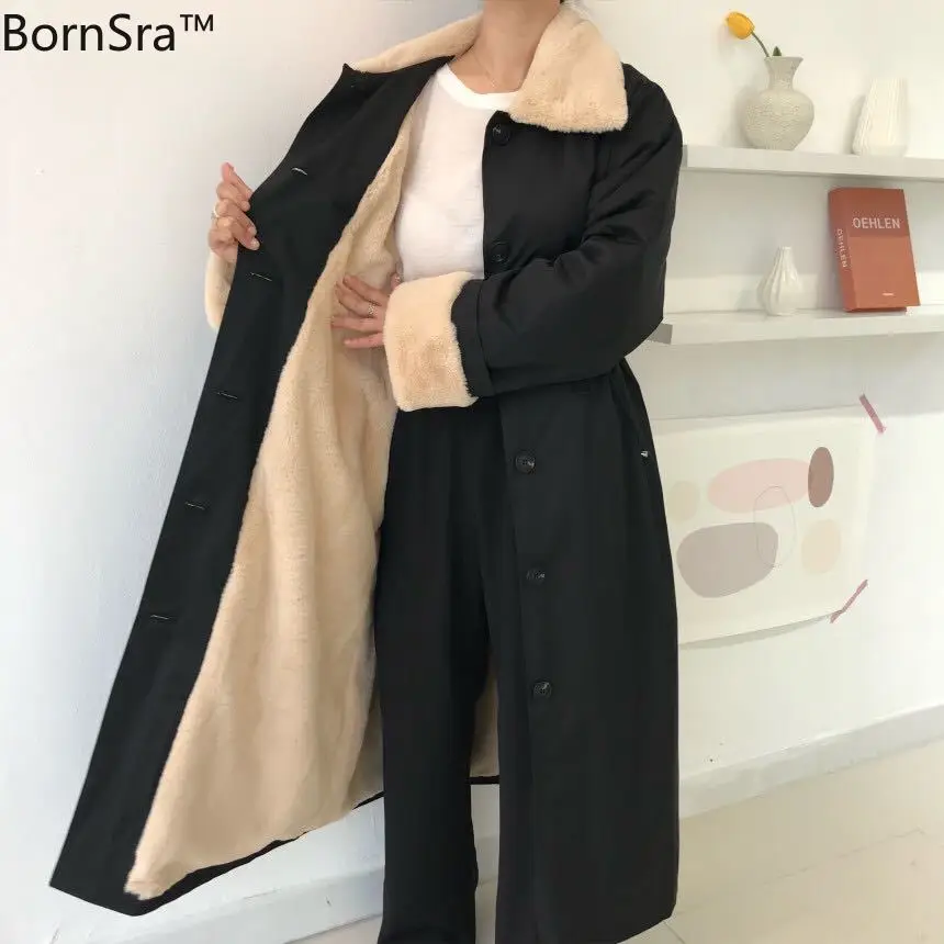 

Bornsra New OL Winter Warm Coat Women Long Parkas Vintage Elegant Lapel Faux Rabbit Fur Stitching Loose Parkas Female Overcoat