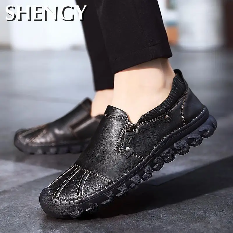 Мужские повседневные кожаные лоферы дышащие Мокасины без застежки