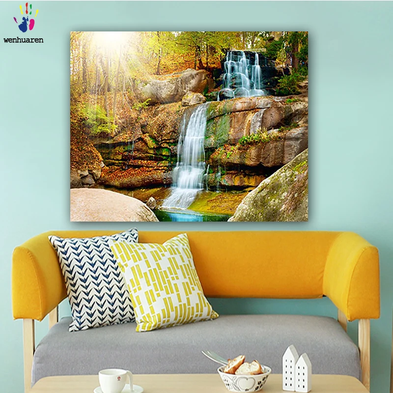 DIY colorings pictures by numbers with colors A waterfall in the sun picture drawing painting framed Home | Дом и сад