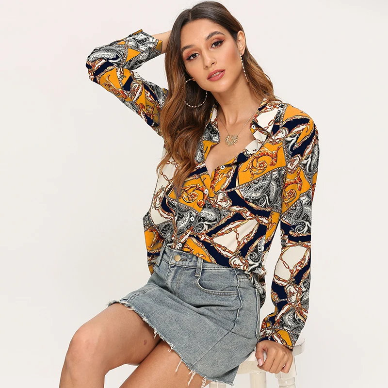 Женская Повседневная Блузка с длинными рукавами винтажный офисный топ отложным