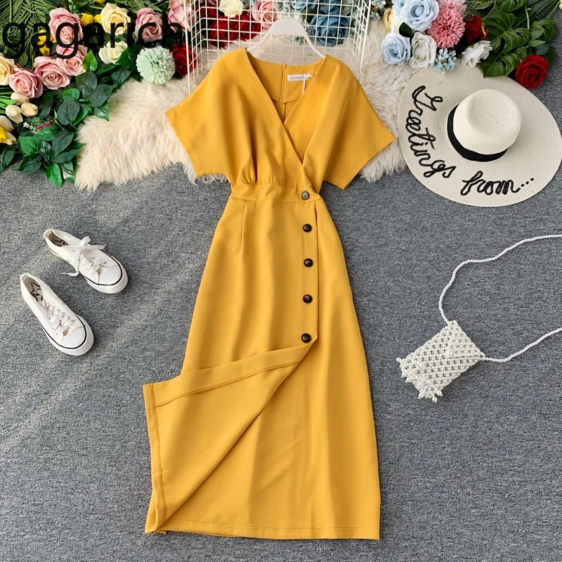 Женское винтажное длинное платье Gagarich элегантное офисное с v образным вырезом коротким рукавом и пуговицами