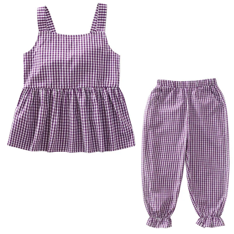 

Children Summer Clothing Sets Girls Plaid Sleeveless Shirts Blouses & Ruffles Pants Kids 2 Pcs Sets Baby Girl Outfit Age 4-16Y