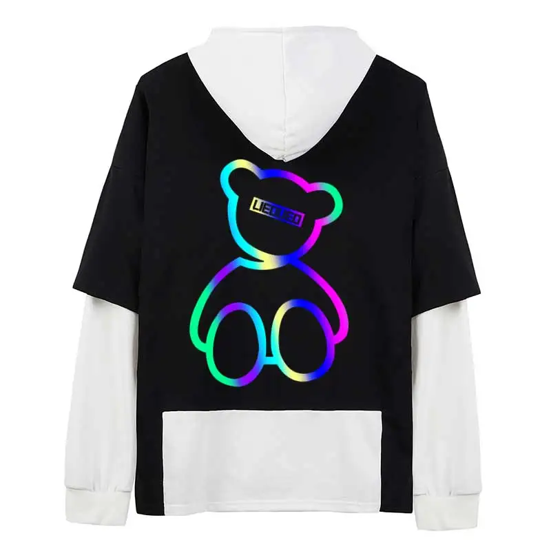 

Фальшивые худи из двух частей с лентой, светоотражающие толстовки с капюшоном с милым медведем и радугой, повседневные хлопковые пуловеры, уличная одежда для мужчин