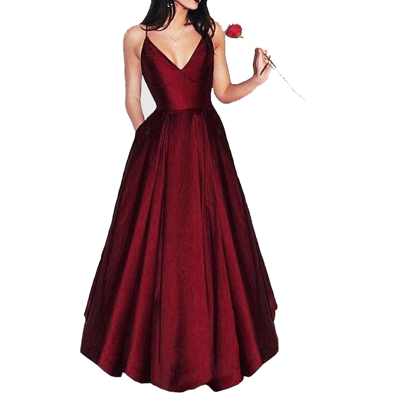 Женское длинное вечернее платье Бордовое трапециевидной формы с V-образным
