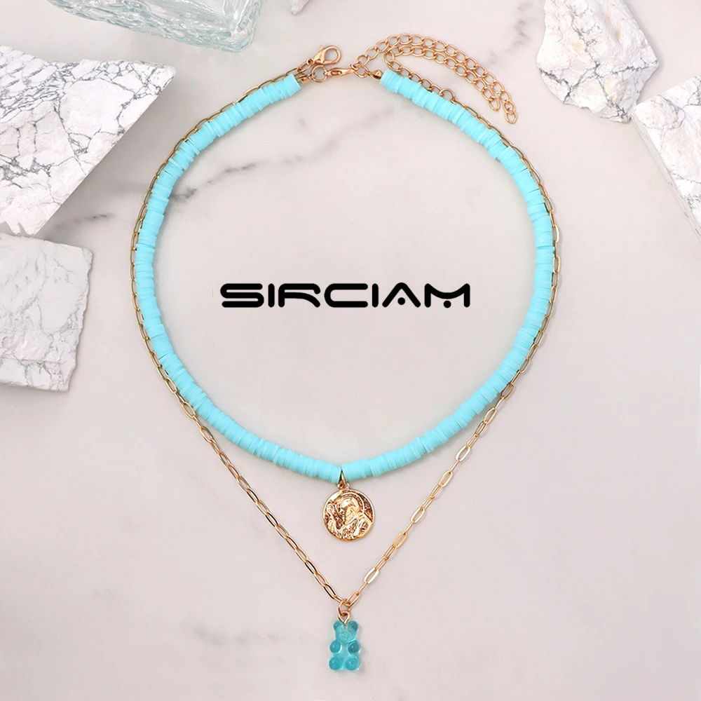 

2 Pcs Blue Little Bear Portrait Coin Polymer Clay Beaded Necklace For Women Handmade Bead Layered Choker Sweet Wholesale Jewelry