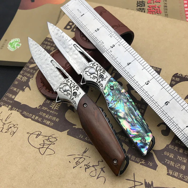 

7" Damascus Blade Tactical Folding Knife Wood/Acrylic Handle Outdoor Camping Hunting Pocket Knives Survival Bearing EDC Tools