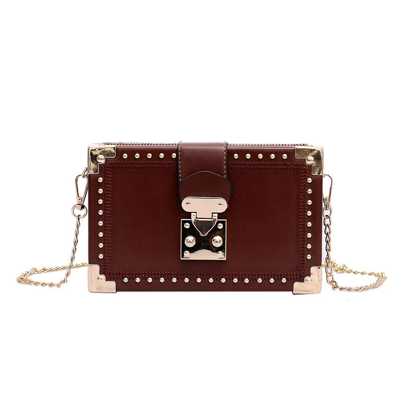 Fashion Vintage Rivet Designer Bag Box Style Buckle PU Women Clutch Bag Chain Purse Shoulder Bag Crossbody Small Flap Handbag
