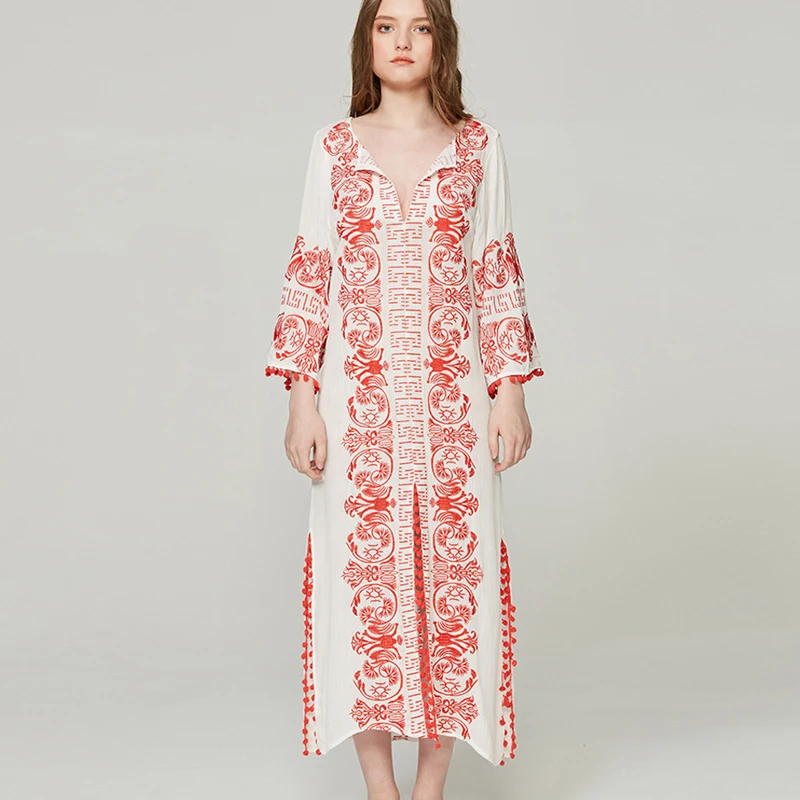 Женское длинное платье с цветочной вышивкой TEELYNN Boho повседневное белое прямое