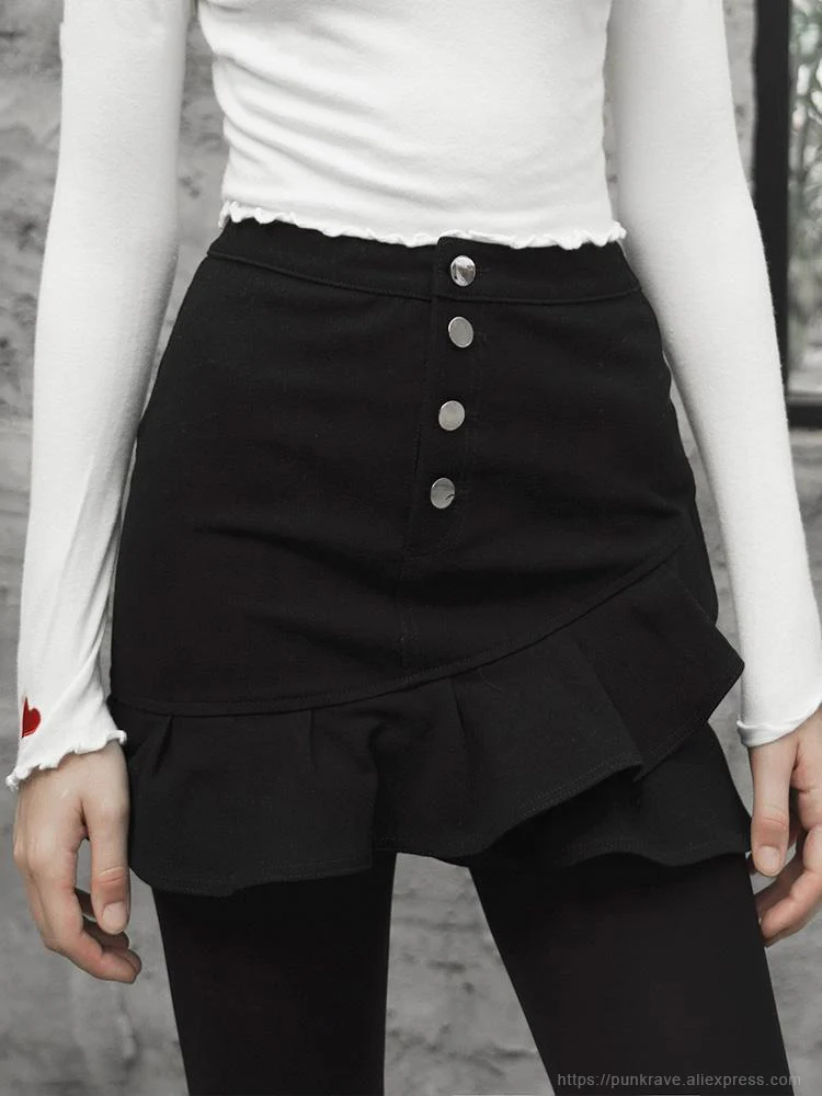 Панк рейв Девушка Кнопка Fly Falbala мини юбки Повседневная модная черная женская