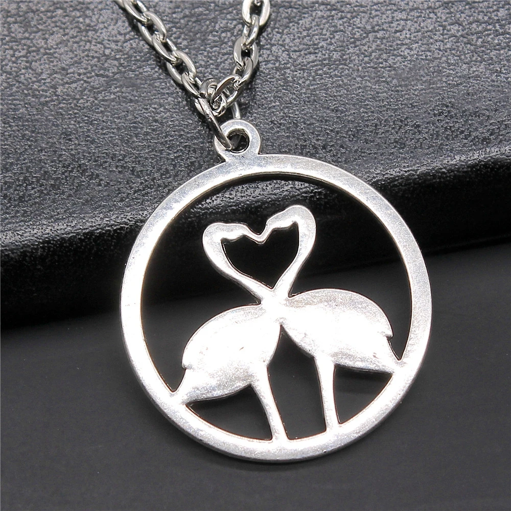 Античные серебряные Цвет 26x30 мм Фламинго Очаровательная подвеска ожерелье для