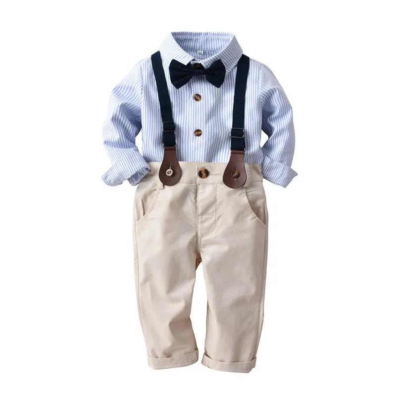 

Весенне-осенний Детский костюм рубашка в полоску с длинными рукавами штаны с галстуком-бабочкой комплект джентльмена из 3 предметов, модная...