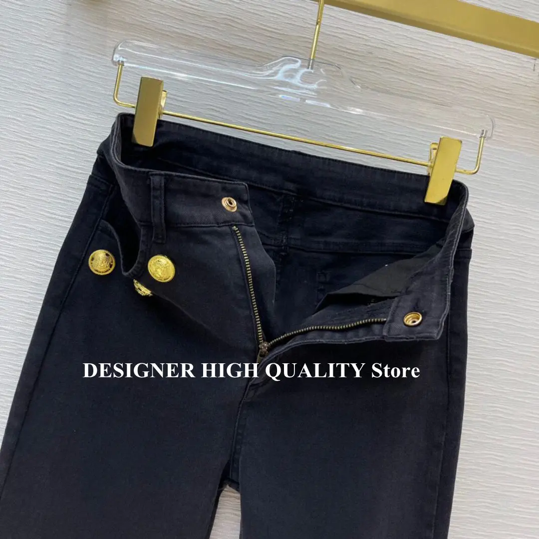 Streetwear All-matched Skinny Pencil Jeans Women 2021 New Fashion Gold Buttons High Waist Fashion Ankle Length Black Denim Pants