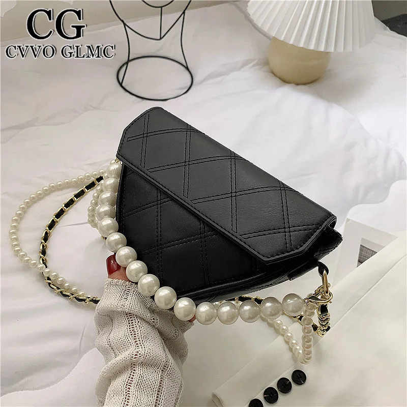 

Cvvo Glmc Beaded Pearl Chain Small Triangle PU Leather Handbags For 2021 Ladies Simple Shoulder Crossbody Bags Brand Purses