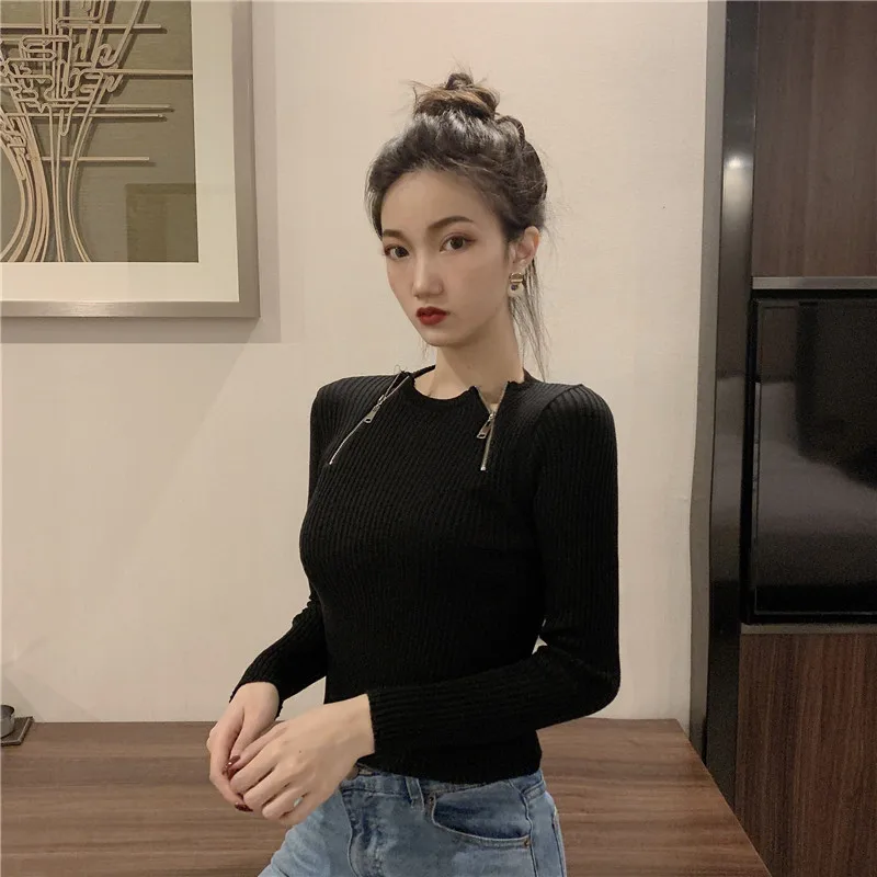 

casual style spring autumn Women's Clothing moda feminina patchwork zipper o-neck long sleeve pullover and Sweaters ladies